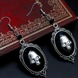 Oval Shape With Skull Pattern Black Dangle Earrings Hip Hop Style Alloy Jewelry